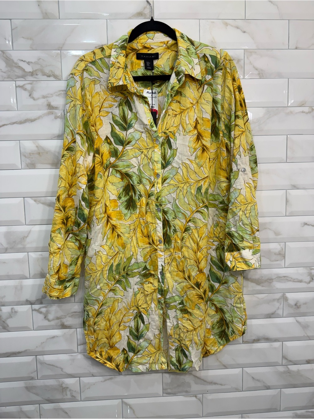 Tahari Yellow & Green Leaf Print Button-Down Shirt